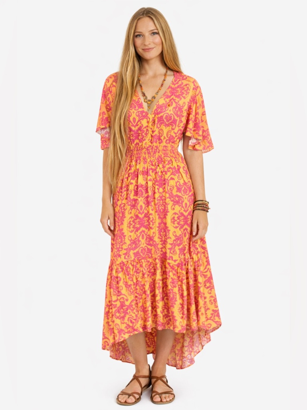 Abel The Label Boho High Low Maxi Dress Pink Orange Hi Low Hem Flowy Festival M
